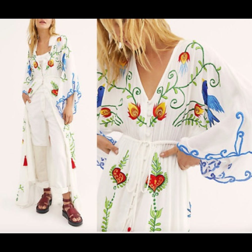 New White Boho Embroidered Hearts Magic Kimono Long Maxi Gown 5 Star⭐️ Favorite - Picture 14 of 16